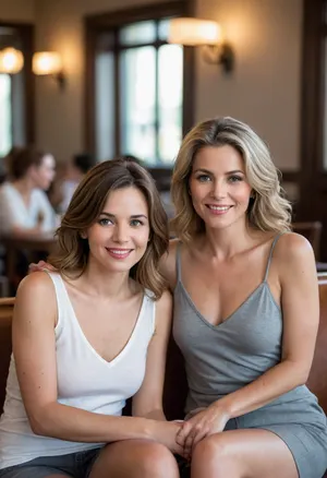 This image features two mature women, likely in their 50s or 60s, seated against a blurred background that suggests an indoor setting, possibly a restaurant or bar given the soft lighting. Both women exude confidence and are subtly engaging with the viewer, creating a sense of playful allure.
The woman on the left has warm, dark blonde hair, styled in soft waves that frame her face and fall gracefully over her shoulders. Her complexion is smooth, with subtle signs of maturity that add character. Her facial expression is relaxed, with a slight, inviting smile playing on her lips, and her eyes seem to hold a knowing gaze. She has a well-maintained, slender figure. She is wearing a form-fitting tank top, which highlights her toned arms and shoulders, paired with high-waisted gray shorts that accentuate her natural waistline. The outfit suggests a comfortable yet stylish demeanor.
The woman on the right has shorter, dark brown hair, styled in a chic, voluminous cut that adds to her sophisticated appearance. Her face shows similar signs of elegant aging, with a serene expression and a gentle, welcoming smile. Her eyes are direct and engaging, conveying a sense of warmth and understated flirtation. She has a graceful and slender build. She is dressed in a loose, white cotton, low-cut V-neck spaghetti strap tank top. The fabric drapes softly, emphasizing her collarbones and creating a relaxed yet alluring look.
Both women share a poised and approachable demeanor, their expressions and postures hinting at a subtle, inviting flirtation without being overt. Their clothing choices, while casual, are flattering and contribute to their mature yet vibrant appeal. The blurred background ensures that the focus remains entirely on them, enhancing their presence and the intimate feel of the portrait.