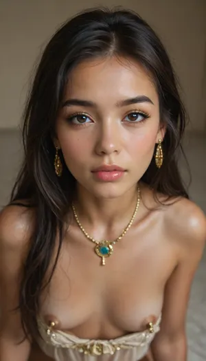 portrait mode, top view, (very teen girl:1.6), young cute asian girl, ((slender body)), 18 years old gorgeous female, (((eye contact))), (slutty pharaoh outfit), tits on display, wet body, (hanging gold nipple jewelry), but, shock, (long hair:1.3), <lora:BUT_SDXL_SHS:.5>, <lora:add-detail-xl:.6>