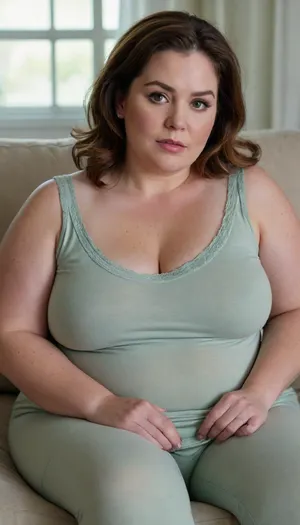 This image features a obese, ssbbw, mature gilf, 60 years old, sitting on what looks like a light grey or off-white couch, or perhaps a bench with a similar upholstered finish. The couch has a simple, modern design with a textured fabric.
The woman is positioned slightly off-center to the left, facing towards the center of the frame with a gentle, serene expression. Her hair, possibly auburn or dark brown, is styled in soft waves and falls over her left shoulder, partially obscuring it. She has fair skin and her makeup appears subtle, highlighting her natural features.
She is wearing a sleeveless, spaghetti strap pajamas, olive green, color. The fabric seems to be a soft knit, and the sleeves are pushed up, revealing her forearms. Her posture is relaxed.
The lighting in the image is soft, creating a calm and inviting atmosphere. The background behind her is out of focus, suggesting a shallow depth of field, which helps to keep the viewer's attention on the woman. The overall impression is one of quiet contemplation or casual elegance. She is wearing a wedding ring. She has a puffy cameltoe. Hard nipples. Her eyes are captivating and a light color. She is aroused. Showing her hairy pussy. Lifting her dress, legs spread open. Thick thighs. Fupa