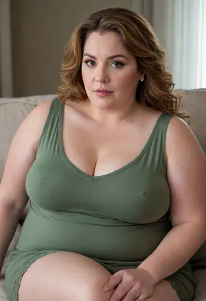 This image features a obese, ssbbw, mature gilf, 65 years old, sitting on what looks like a light grey or off-white couch, or perhaps a bench with a similar upholstered finish. The couch has a simple, modern design with a textured fabric.
The woman is positioned in center, facing towards the center of the frame with a seductive expression. Her hair, possibly auburn or brown, with lighter highlights, is styled in soft waves and falls over her left shoulder, partially obscuring it. She has fair skin and her makeup appears subtle, highlighting her natural features.
She is wearing a sleeveless, spaghetti strap pajamas, olive green, color. The fabric seems to be a soft knit, and the sleeves are pushed up, revealing her forearms. Her posture is relaxed.
The lighting in the image is soft, creating a calm and inviting atmosphere. The background behind her is out of focus, suggesting a shallow depth of field, which helps to keep the viewer's attention on the woman. The overall impression is one of quiet contemplation or casual elegance. She is wearing a wedding ring. She has a puffy cameltoe. Hard nipples. Her eyes are captivating and a light color. She is aroused. Showing her hairy pussy. Lifting her dress, legs spread open. Thick thighs. Fupa, bulging, cameltoe