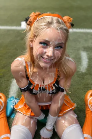 masterpiece, (perfect lighting:1.4), slim, athletic, blonde, blue eyes, smiling, happy, celebrating, (ultra detailed face:1.4), (ultra high detailed cheerleader outfit:1.4), 8k, (slutty cheerleader outfit, orange and black:1.4), (high resolution:1.4), (18 year old cheerleader:1.4), heavy makeup, tan lines, hairband, white thigh high socks, (tons of cum:1.4), bukkake, American Football field, outside, outdoors, grass, <lora:more_details:.5>, <lora:facialized:.5>, <lora:cum_b1:.5>, <lora:bukkake_v0.4:1>, pale_nipple_areolae, light_nipple_areolae, large_areolae, pink_nipple_areolae, pink_nipple_tip, <lora:jkGhostNipplesLite-v01:.5>