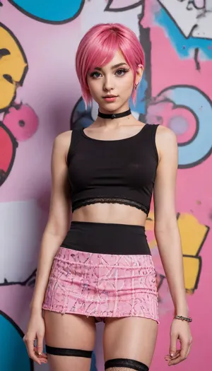 Hyperrealistic studio photograph of a stylized 18-year-old woman, inspired by contemporary anime aesthetics, with a vibrant and bold pop art atmosphere. The image was carefully crafted in a professional studio.
The model has short pastel pink hair, fair skin, and large eyes of an intense pink hue, an atypical and striking color achieved through special contact lenses. This detail is essential to enhance her anime appearance and should be clearly visible in the image.
She strikes a sensual and playful pose, leaning slightly to the side, with a teasing smile and direct eye contact with the viewer. Her left hand forms a peace sign near her right eye, while her right hand rests on her hip, accentuating the curve of her waist.
A very short, sleeveless black top with a neon pink graphic design. It hugs the chest and exposes the abdomen. Extremely short, high-cut, pleated pink miniskirt that reveals the fishnet stockings she's wearing underneath. Thigh-high black fishnet stockings paired with opaque black ankle-length stockings. Black choker with a metal hoop in the center. Several bracelets of various styles, (metal, beaded, woven), and small, dark circular earrings.
The image was taken in front of a white cyclorama wall decorated with digital graffiti in pink, black, and white, including abstract shapes, curved lines, and pop-style typography. The background complements the model's style and personality.
