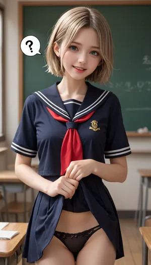 score_9, score_8_up, score_7_up, source_anime, 1girl, solo focused, cute face, cover page, smile, opened mouth, question mark bubble, small breast, clothed, classroom, student uniform, sailor uniform, skirt lift, black panties