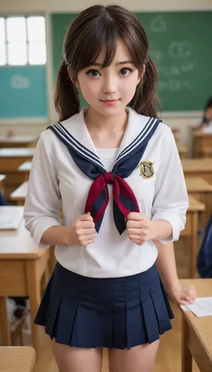 score_9, score_8_up, score_7_up, source_anime, 1girl, solo focused, cute face, cover page, smile, opened mouth, question mark bubble, small breast, clothed, classroom, student uniform, sailor uniform, skirt lift, black panties