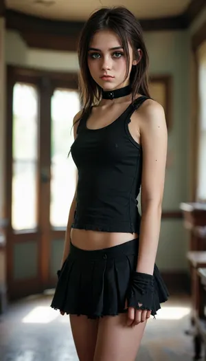 petite student, ripped revealing clothes, goth, Small tits, full body view, Tinymodel, young, schoolgirl, pretty young, Young girls, 18 years old, perfect face, dark brown eyes, cute, closeup, petite body, smokey eyes, full body photo, beautiful face, <lora:MJ52:.3>