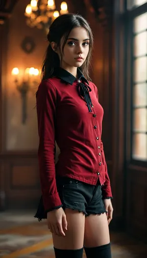 petite student, Black and Dark red clothes, Slim, ripped revealing clothes, goth, Small tits, Slender legs, (full body view:1.4), Tinymodel, young, schoolgirl, 20 years old, perfect face, dark brown eyes, cute, closeup, petite body, smokey eyes, full body photo, beautiful face, (Ultra detailed skin:1.5), (ultra high resolution:1.5), <lora:MJ52:.3>