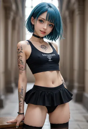 goth schoolgirl outfit, big eyes that see your sole, seductive grin, teal blue anime hair, tattoo of a Spade on chest, tattoo of ACE on hip, nipple piercings, wearing a chic choker, legs spread, clean shaven, no undies
