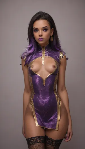 score_9, score_8_up, score_7_up, score_6_up, Expressiveh, sombra, (overwatch), (sombra, (overwatch), , , sombraow2, dark skin:1.5), bright purple hair, very long hair, (purple eyes), blush, female small_waist solo wide_hips, solo.2, alone.2, solitary2., pale pink lipstick, ((leather collar)), brunette, dark skin, (small breasts:2), standing, (bright purple cheongsam with gold accents:2), (black fishnet stockings:1.1)