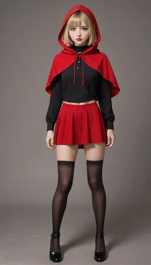masterpiece, best quality, good quality, very aesthetic, absurdres, newest, 8K, realistic, red-theme, abstract background, simple-background, two-tone-background, detailed eyes, perfect eyes, realistic eyes, single, one, black stockings, thick eyebrows, full lips, blonde hair, short hair, purple eyes, red hood, slim body, black shirt, thighs, red skirt, standing, legs apart, 1girl, modern interpretation of Little Red Riding Hood in a revealing outfit, cinematic angle, full body