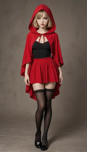 masterpiece, best quality, good quality, very aesthetic, absurdres, newest, 8K, realistic, red-theme, abstract background, simple-background, two-tone-background, detailed eyes, perfect eyes, realistic eyes, single, one, black stockings, thick eyebrows, full lips, blonde hair, short hair, purple eyes, red hood, slim body, black shirt, thighs, red skirt, standing, legs apart, 1girl, modern interpretation of Little Red Riding Hood in a revealing outfit, cinematic angle, full body