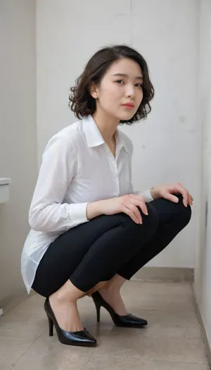 traditional Chinese squat toilet, ceramic, floor-level, no flush valve, highly detailed face, sharp facial details, realistic skin texture, natural lighting on face, (A Chinese woman:1.3), 35 years old, grey short curly hair, wrinkles on face, (professional appearance, wearing business attire:1.2), (professional female shoes, black pants and white underpanties pulled down to knees:1.3), (squatting on a traditional Chinese squat toilet:1.4), (ceramic, floor-level, no flush valve), (naturally urinating， urinating revealing hairy pussy and hips:1.4), slightly leaning forward, wearing black frame glasses, wrist watch, white bras, (explicit view of private area with thick pubic hair:1.3), (dark large labia majora and long labia minora:1.2), (unaware of being watched, talking to her smartphone:1.3), realistic style, high detail, cinematic lighting, ultra-detailed, photorealistic, 8k resolution, natural skin texture, anatomically accurate, clear facial features, realistic Asian facial characteristics, relaxed expression, looking away, liu yifei, nini, shishi, ni ni, gao yuanyuan, woman, small, breasts, medium, large, spreading, legs, creampie, pussy, nude, body, closeup, <lora:fresh ideas@_Elderly Chinese woman_SDXL_V1.0:.9>, <lora:actress_ej_JuggXL_3:.7>, <lora:nsfw-xl-2.0:.5>