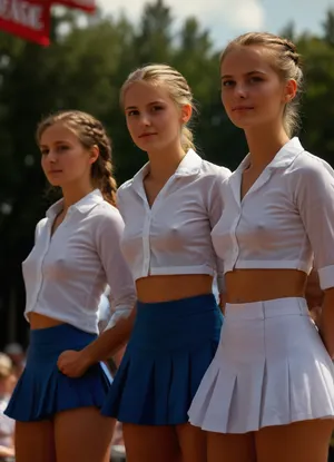 ((View from below up onto the stage podium)), upskirt view, view beneath skirt, naked pussy, sunny summer day, beautiful women in school uniforms, beautiful 21 years old tanned russian women in school uniforms standing in a row next to each other in one direction on a high stage podium on a parade ground, (braless tight white shirt:1.3), ((extremely short blue miniskirt shows woman´s naked shaved pussies to some extent)), medium blonde, medium brunette, braided, ((deeply tanned)), attractive girls, slim body, medium breasts, narrow bottoms, thigh gap, narrow waist, naked shaved pussies, slender body, shy smile, covered, nipples, braless, Wearing, clothes, that, make, sense, with, Braless>, panties, upskirt, <lora:MJ52:.3>, <lora:bralessSDXL_v1_00022:.5>, <lora:334932_training_data:.8>