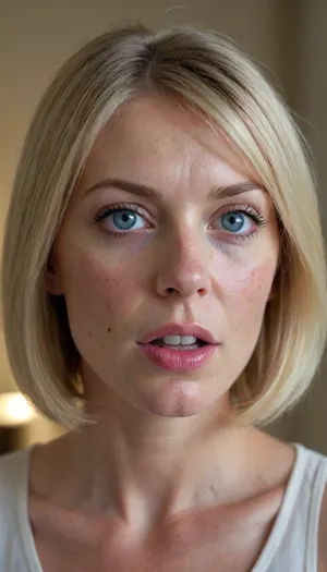 1girl, average height, french, bob cut blonde hair, 55 years old, thin, slim, solo, blue eyes, perfect eyes, realistic, freckles, lick her lips by her tongue