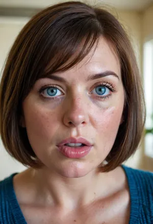 1girl, average height, french, bob cut brunette hair, 55 years old, chubby face, fat, solo, blue eyes, perfect eyes, realistic, freckles, lick her lips by her tongue