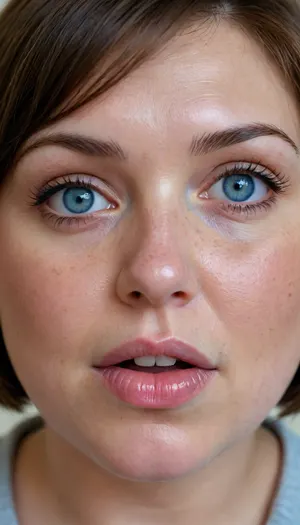 1girl, average height, Russian, bob cut brunette hair, 55 years old, chubby face, fat, solo, blue eyes, perfect eyes, realistic, freckles, lick her lips by her tongue