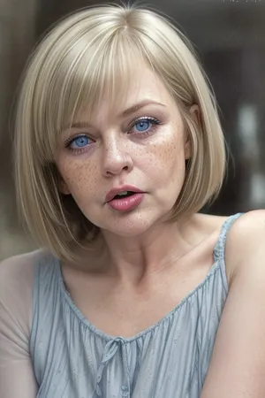 1girl, average height, Russian, layered bob cut brunette hair with lighter highlights, 60 years old, chubby face, fat, solo, blue eyes, perfect eyes, realistic, freckles, lick her lips by her tongue