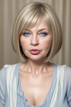 1girl, average height, Russian, layered bob cut brunette hair with lighter highlights, 60 years old, chubby face, fat, solo, blue eyes, perfect eyes, realistic, wrinkles, lick her lips by her tongue