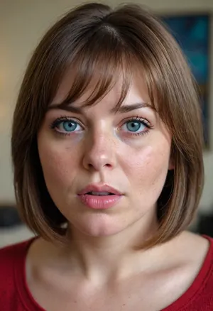 1girl, average height, Russian, layered bob cut brunette hair with lighter highlights, 60 years old, chubby face, fat, solo, blue eyes, perfect eyes, realistic, freckles, lick her lips by her tongue