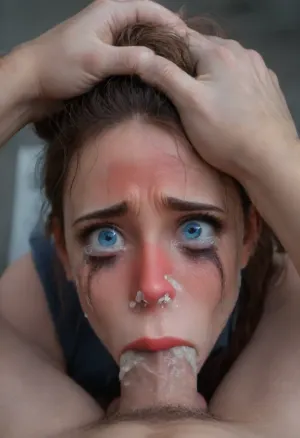 Male point of view, 1 Beautiful 30 year old girl, (blue eyes), (thin eye browns), (pale skin:1.3), cock in mouth, dark ginger hair with bun, (brutal face fuck), Blowjob, (tears in eyes:1.5), (light-red face from shortness of breath:1.5), (running makeup), (cum drips from nose:1.3), (cum drips from mouth:1.3), ultra hd, photorealistic, highly detailed, high res, high resolution, perfect lighting, natural lighting, hair grab, holding head, pushing head down on cock, ballsdeep, ((1girl, 1boy), , :1.4), nipples, hetero, penis, solo, focus, lips, oral, fellatio, pov, hand, on, another's, head, >=, (deepthroat:1.6), flat chested