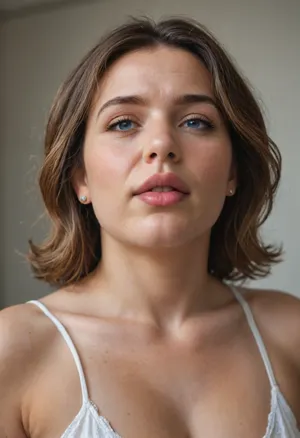 1gilf, average height, Armenian, layered haircut brunette hair with lighter highlights, 60 years old, chubby face, fat, ssbbw, solo, blue eyes, perfect eyes, realistic, wrinkles, lick her lips by her tongue, plump lips