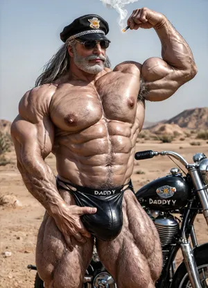 Beefy old daddy, 60-years-old, big muscles, big pecs, big bulge, big booty, gray hairy body, full gray beard, big thick gray mustache, long gray hair, (long hair:1.1), (big pecs, (big ass, (old beefy daddy:1.5), wearing torn leather motorbiker, standing in hot desert, nipples, wearing black biker cap and sunglasses, (hand gropping crotch:1.5), flexing arm biceps, bulge, pubic hair, hairy body, (smoking a cigarrette:1.5), hot teasing daddy, gay solo daddy))