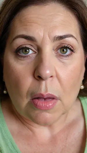 Lubica, 1gilf, Armenian, brunette hair with layered highlights, 60 years old, chubby face, fat, obese, ssbbw, plump, thick, saggy, solo, light green eyes, perfect eyes, realistic, olive skin tone, wrinkles, lick her lips by her tongue, plump lips, lips parted