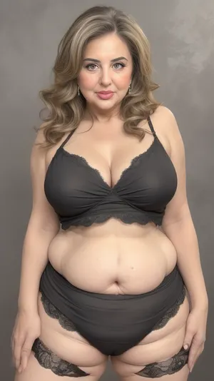 Lubica, 1gilf, Armenian, brunette hair with layered highlights, 60 years old, chubby face, fat, obese, ssbbw, plump, thick, saggy, solo, light green eyes, perfect eyes, realistic, tan skin tone, wrinkles, lick her lips by her tongue, plump lips, lips parted, FUPA, (blank black background), pubic hair, fat rolls, belly, sagging, <lora:microwaistV05:.8>