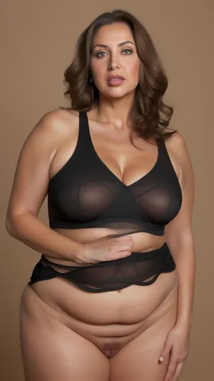 Lubica, 1gilf, Armenian, brunette hair with layered highlights, 60 years old, chubby face, fat, obese, ssbbw, plump, thick, saggy, light green eyes, perfect eyes, tan skin tone, wrinkles, lick her lips by her tongue, plump lips, lips parted, FUPA, (blank black background), pubic hair, fat rolls, belly, sagging, realhips, <lora:realhips:.8>