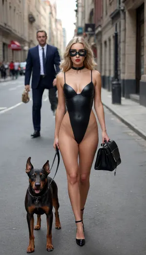 A photo of a street photographer, in the photo there are 2 people, 1 man and 1 woman, a brutal man in a three-piece suit, light unshaven, thick curled hair, confidently walking along a city street, holding a leash in his hand. The leash is tied to the collar of a gorgeous blonde dressed in a latex jumpsuit, a girl without underwear, a girl with a European appearance, 25 years old, slender, with a perfect body, silicone breasts slightly larger than average size, in high heels, with a Doberman dog mask on her face, obediently follows the man.