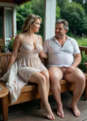 ((Two men + one mature plump milf)), ((Open veranda with a dining table, sofa, garden, night)), ((a couple is sitting on a sofa at a table)), ((a mature milf in a light sundress)), stopped pushing away the matchmaker, did not resist and often lingered in his arms. And after a while Mikhail sat and hugged my milf, hugged as if he was her husband, the milf herself pressed herself against him, they laughed and joked merrily. One text message fell out, Mikhail, as if by chance, ran his hand over the milf's bare chest, stroked her hips, several times his hand ended up between her knees. And it was at such moments that the milf's head would lean on Mikhail's chest, as if encouraging him, perhaps unconsciously, ((wide ankles, barefoot)), (full body view:1.5), plump, skindentation, chubby, bbw, venus, body, big, breasts, ass, <lora:xl_more_art-full_v1:.8>, <lora:MJ52:.8>, <lora:Chubby BBW - XL:.3>