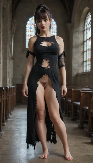 ((18-year-old brunette goth woman:1.6), (ponytail with bangs:1.6)), pubic hair, (D breasts), ((torn:1.6), dress), (church), sweaty skin, toned, full-length photo, 70mm lens, aesthetic, symmetrical, muscular, athletic, sharp, textured skin, perfect body, goosebumps, detailed, slim, small waist, NEGATIVE_HANDS, <lora:chest_adjust:1.8>, <lora:breasts_slider_v10:1.8>, <lora:289505_training_data:1>