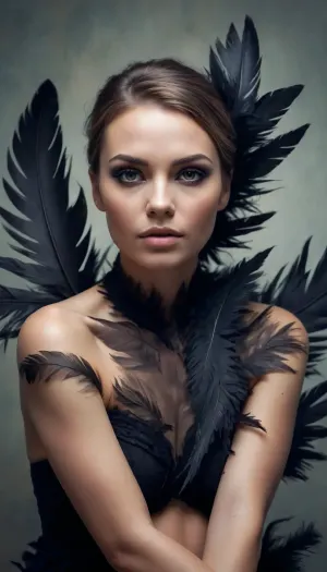 fullbody, A double-exposure illustration in which a woman face is overlaid with raven feathers, blending human features with skin elements. she sits, #©KITTYART



































#©KITTYART