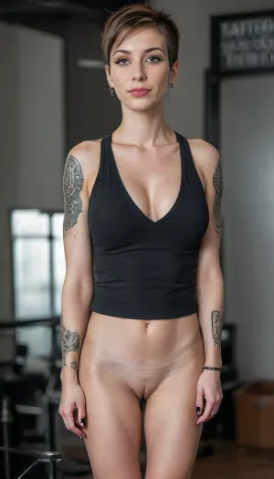 RAW full body analogue photo of a beautiful german 46 years old woman, clear focus, 8K, very slim and tall, long slim neck, (dynamic angle:1), cinematic, (film grain, depth of field, blurry background, colorful:1), volumetric lighting, (blackwork lower arm tattoo:2), (blackwork lower leg tattoo:2), (blackwork feet tattoo:2), the most exotic lascivious ultraslim naked 46 years old woman with a face of Unconventional beauty, mixed north-european-russian race, slim tall elegant mohawk androgynous, pointy big perky tits, (artifical tan glowing skin), Barefoot, waist-chain, stacked anklets, casual pose, everyday public background, 4ng3l, face, uberfit, muscular, athletic, <lora:breasts_slider_v10:2>, <lora:SDXL_BetterFaces-LoRA_v1:1>, <lora:uberfit_lora_sdxl:.1>, <lora:blackwork1.2-000008:2>