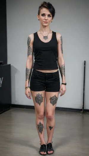RAW full body analogue photo of a beautiful german 46 years old woman, clear focus, 8K, very slim and tall, long slim neck, (dynamic angle:1), cinematic, (film grain, depth of field, blurry background, colorful:1), volumetric lighting, (bold blackwork lower arm tattoo:2), (bold blackwork lower leg tattoo:2), (bold blackwork feet tattoo:2), the most exotic lascivious ultraslim naked 46 years old woman with a face of Unconventional beauty, mixed north-european-russian race, high forehead, slim tall elegant mohawk androgynous, pointy big perky tits, (artifical tan glowing skin), Barefoot, waist-chain, stacked anklets, casual pose, everyday public background, 4ng3l, face, uberfit, muscular, athletic, <lora:breasts_slider_v10:2>, <lora:SDXL_BetterFaces-LoRA_v1:1>, <lora:uberfit_lora_sdxl:.1>, <lora:blackwork1.2-000008:2>