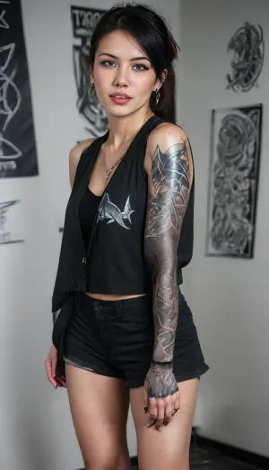 RAW full body analogue photo of a beautiful german 46 years old woman, clear focus, 8K, very slim and tall, long slim neck, (dynamic angle:1), cinematic, (film grain, depth of field, blurry background, colorful:1), volumetric lighting, (bold blackwork lower arm sharkteeth tattoo:2), (bold blackwork lower leg sharkteeth tattoo:2), (bold blackwork feet sharkteeth tattoo:2), the most exotic lascivious ultraslim naked 46 years old woman with a face of Unconventional beauty, mixed north-european-russian race, high forehead, slim tall elegant mohawk androgynous, pointy big perky tits, (artifical tan glowing skin), Barefoot, waist-chain, stacked anklets, casual pose, everyday public background, 4ng3l, face, uberfit, muscular, athletic, <lora:breasts_slider_v10:2>, <lora:SDXL_BetterFaces-LoRA_v1:1>, <lora:uberfit_lora_sdxl:.1>, <lora:blackwork1.2-000008:2>