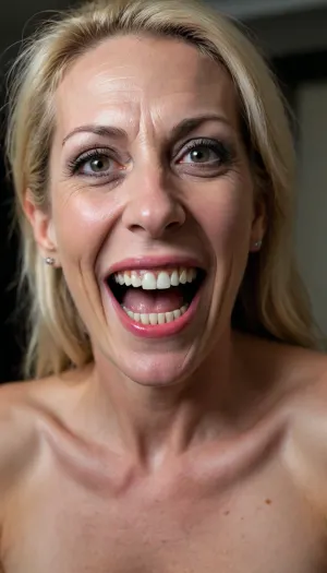 very ugly woman, american prostitute, repulsive appearance, American whore, 50 years old, scary grin, terrible teeth, missing one tooth