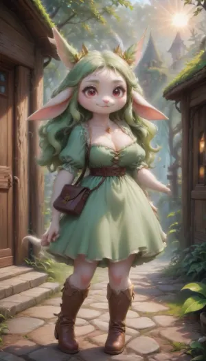 Charming cute girl, long ears, furry, long furry tail, big naive eyes, long thick eyelashes, expressive look, happy smile, soft peach fluffy fur, long wavy hair, shabby old clothes, embroidery, worn boots, porch of a fairy-tale house, fairy-tale forest world, a large old leather bag hangs on the shoulder, sun glare, cleavage