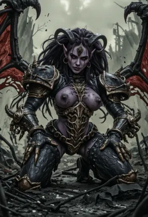 in black room with no light no window, corrupted spacemarine, wide angle close-up, dangerous purple futanari Slaanesh, (playful, flamobroyant:1), tall tall slender, elf ears, (hyper-long penis-bulge:1), long red hair, purple colored skin, clad in torn fabric, half-covered detailed huge boobs, seductive female face, long arms, flawless tall bodyshape, body piercings, jewellery, tight reflective clothes, ((wearing torn black metal-pauldrons, jagged)), emitting purple-flames, on hoofs in ruined cell, darkness, (no light:1.1), debris scattered on floor, inside cell behind melting bars, ((as athletic purple skinned slaanesh-demoness)), horns, extremely tall, perfect eyes, detailed, jagged ruined-chestplate, punk clothes, detailed hands, sweat, corrupted adepta sororitas, ((cinematic:1.1))