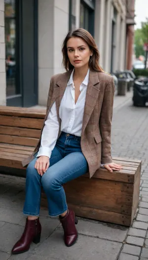 Fashion-forward, <lora:2559258:1>, ohwx woman sitting casually, posing like an influencer at a street café corner in an urban European setting. She wears an oversized brown plaid blazer layered over a crisp white shirt with a loose black tie, paired with wide-leg blue jeans. Burgundy pointed-toe heeled boots peek out under the denim. The scene includes a rustic wooden crate used as a makeshift table. She sits with her legs crossed, The setting features worn white walls, mosaic tiles near the ground, and a grey city sidewalk with subtle grime and texture. Realistic street fashion editorial photo, candid moment, slightly cinematic angle.
Seed, 985444Size, 896x1152euler_aSuper