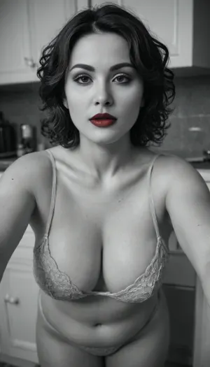 ((monochrome:1.5)), Professional makeup, partly exposes her large full breasts, at night, spotlights, many details, 4k, photorealistic, perfect picture, UHD 8K, extreme realism, maximum detail, wide angle view, distant view, award winning photo, ((solo)), 1/2 body view, drunk soviet mature woman, (((face focus))), ((completely clothing)), ((in indigo panties)), (long VERY CURLY dark HAIR IN A HIGH TOP PIXIE CUT:1.4), 40 years old, perfect face, ((sad:1.3)), ((milf:1.4)), blue eyes, makeup, red lipstick, ((standing)), in kitchen, (CHUBBY WOMAN:1.2), (((flashed her panties))), <lora:580159_training_data:.5>