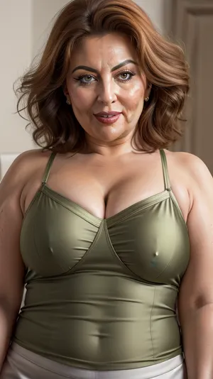 Armenian, (Close-up:1.3), portrait photo a mature obese woman, gilf, saggy, fat round face, double chin, fat, 60 years old Woman, green eyes, auburn layered haircut, strong jawline, seductive smile, lips parted, teeth showing, (mouth open), looking at viewer, (solid blank blurred background:1.3), eye level shoot, film grain, style by Flora Borsi, OverallDetail, v-neck spaghetti strap satin camisole, with, (pokies), fupa, cameltoe, <lora:cameltoe_V2.1:.3>