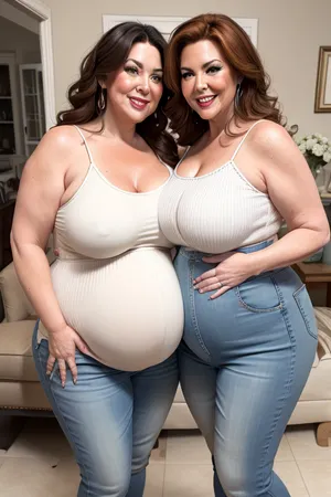 two fat gilfs, brunette, auburn, 60 years old, high waist jeans, white spaghetti strap camisole, facing viewer, looking at viewer, eye contact, flirting, smiling, party, living room background, fupa, chubby, wide hips, big hips, pregnant, preggo