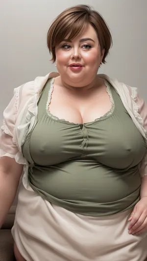 (Close-up:1.2), portrait photo a mature chubby gilf, fat bosom, fat round face, double chin, 60 years old Woman, big eyes, green eyes, brown pixie haircut, long hair, chubby jawline, pokies, seductive smile, lips parted, (mouth open:1.3), teeth showing, big lips, looking at viewer, (solid blank background:1.3), eye level shoot, film grain, style by Flora Borsi, OverallDetail, downblouse, loose, camisole, leaning, forward, fupa, <lora:downblouse-v1:.9>, <lora:weight_slider_v2:1.5>
