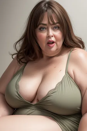 (Close-up:1.2), portrait photo a mature chubby gilf, fat bosom, fat round face, double chin, 60 years old Woman, big eyes, green eyes, brown layered haircut, long hair, chubby jawline, pokies, seductive smile, lips parted, (mouth open:1.3), teeth showing, big lips, looking at viewer, (solid blank background:1.3), eye level shoot, film grain, style by Flora Borsi, OverallDetail, downblouse, loose, spaghetti strap camisole, leaning, forward, fupa, <lora:downblouse-v1:.9>, <lora:weight_slider_v2:.9>