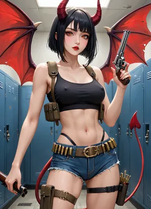 masterpiece, best quality, highly detailed, (anime:1.2), BREAK, (solo), ((a gorgeous 25 year old white succubus with, demonic wings on back, horns, tail)), (action pose of succubus loading ammo for her .45 revolver, she spins the revolver chamber and locks in the loaded bullets:1.1), in a locker room, she is putting on clothes, putting on equipment, tactical vest, low-cut black tank-top, denim shorts, riot helmet, (tactical belt with a stick_grenade), knee-pads, she is loading ammo into her .45 revolver, holsters, Velcro straps, fastener straps, radios, (natural b cup boobs, beautiful nipples, nipslip), (succubus has long black hair bob haircut:1.1), (orange eyes:1.1), slim, athletic, gymnast body, <lora:Animated_Concept:1>, <lora:add-detail-xl:.8>, <lora:Super_Eye_Detailer_By_Stable_Yogi_SDPD0:.8>
