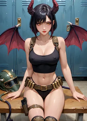 masterpiece, best quality, highly detailed, (anime:1.2), BREAK, (solo), ((a gorgeous 25 year old white succubus with, demonic wings on back, horns, tail)), in a locker room, she is putting on clothes, putting on equipment, tactical vest, low-cut black tank-top, riot helmet, tactical belt, knee-pads, she is loading ammo into her .45 revolver, holsters, Velcro straps, fastener straps, radios, (natural b cup boobs, beautiful nipples, nipslip), (succubus has long black hair bob haircut:1.1), (orange eyes:1.1), slim, athletic, gymnast body, <lora:Animated_Concept:1>, <lora:add-detail-xl:.8>, <lora:Super_Eye_Detailer_By_Stable_Yogi_SDPD0:.8>