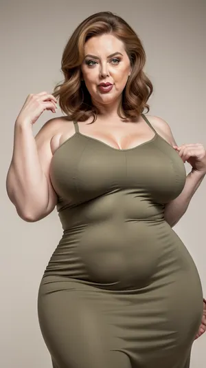 Obese, gilf, (Close-up:1.2), portrait photo a mature chubby gilf, fat bosom, fat round face, double chin, 70 years old Woman, big eyes, green eyes, auburn layered haircut, chubby jawline, pokies, seductive smile, lips parted, (mouth open:1.3), teeth showing, big lips, looking at viewer, (solid blank background:1.3), eye level shoot, film grain, style by Flora Borsi, OverallDetail, spaghetti strap maxi minidress, fupa, cameltoe, (areola slip), wide, hips, <lora:hips-10:.5>