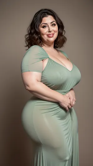 Side view, Armenian, Obese, gilf, (Close-up:1.2), portrait photo a mature chubby gilf, fat bosom, fat round face, double chin, 70 years old Woman, big eyes, green eyes, auburn layered haircut, chubby jawline, pokies, seductive smile, lips parted, (mouth open:1.3), teeth showing, big lips, looking at viewer, (solid blank background:1.3), eye level shoot, film grain, style by Flora Borsi, OverallDetail, spaghetti strap maxi dress, fupa, cameltoe, (areola slip), wide, hips, <lora:hips-10:.5>, big ass