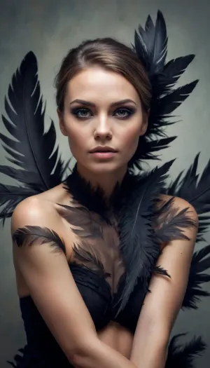 fullbody, A double-exposure illustration in which a woman face is overlaid with raven feathers, blending human features with skin elements. she sits, #©KITTYART



































#©KITTYART