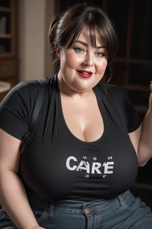 (Close-up:1.2), portrait photo a mature chubby woman, fat bosom, fat round face, double chin, 60 years old Woman, blue eyes, brown pixie haircut, ponytail, chubby jawline, pokies, seductive smile, lips parted, mouth open, teeth showing, big lips, looking at viewer, (solid dark background:1.3), eye level shoot, film grain, style by Flora Borsi, OverallDetail, downblouse, loose, t-shirt, leaning, forward, <lora:Lora_Srabonti2023-X4:.3>, <lora:downblouse-v1:.7>, <lora:weight_slider_v2:1.5>